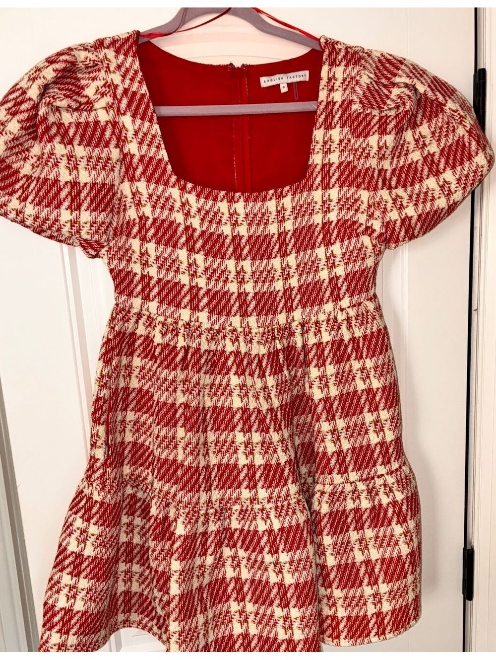 English Factory Red and Cream Plaid Puff Sleeve Dress Size Small